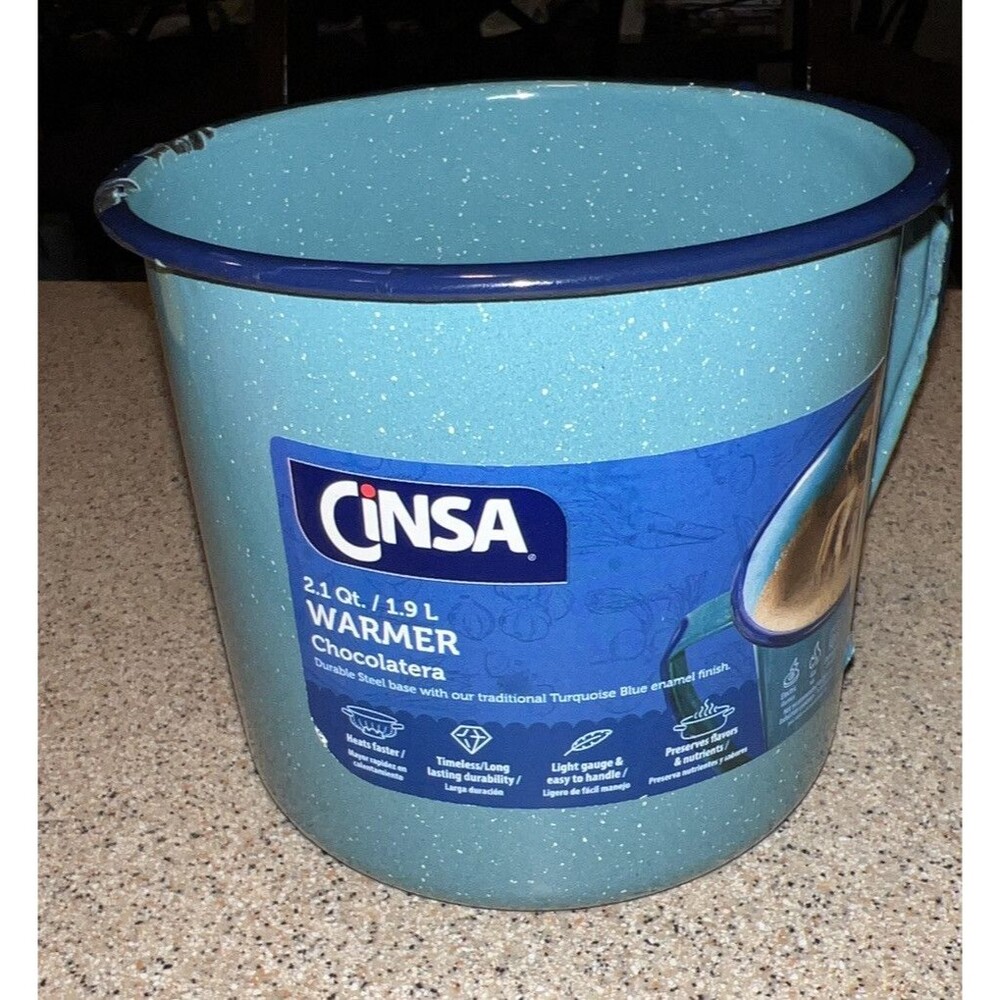2.1 Qt Enamel Finish CiNSA Pot Handle Warmer 1.9 Liter Turquoise Blue Speckled